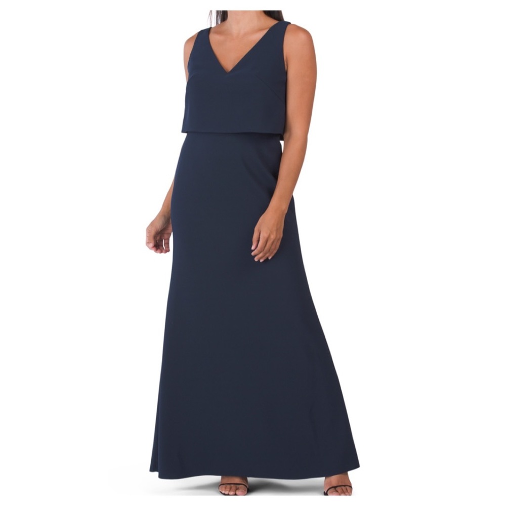 Jenny Yoo Crepe Overlay Bow Back Bridesmaid Gown Midnight-E31 Blue